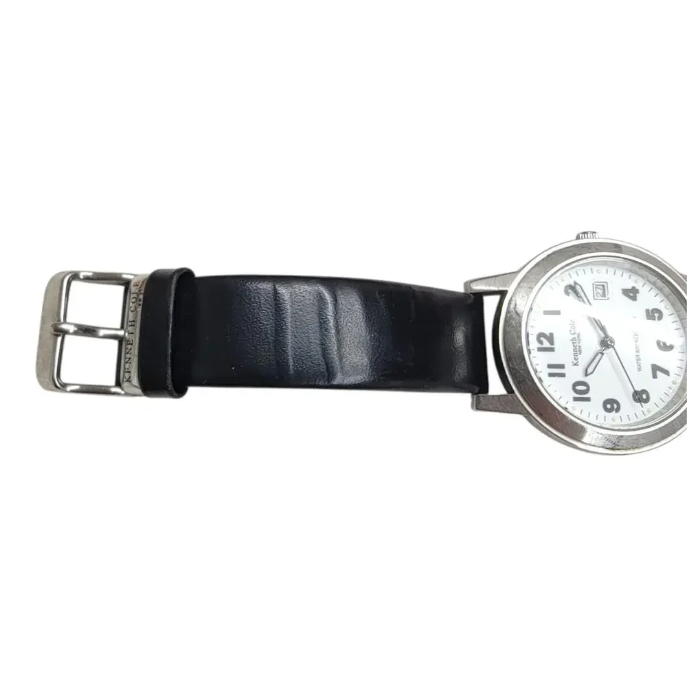 Kenneth Cole New York Mens Watch White Dial Date Black Leather Band Water 50M